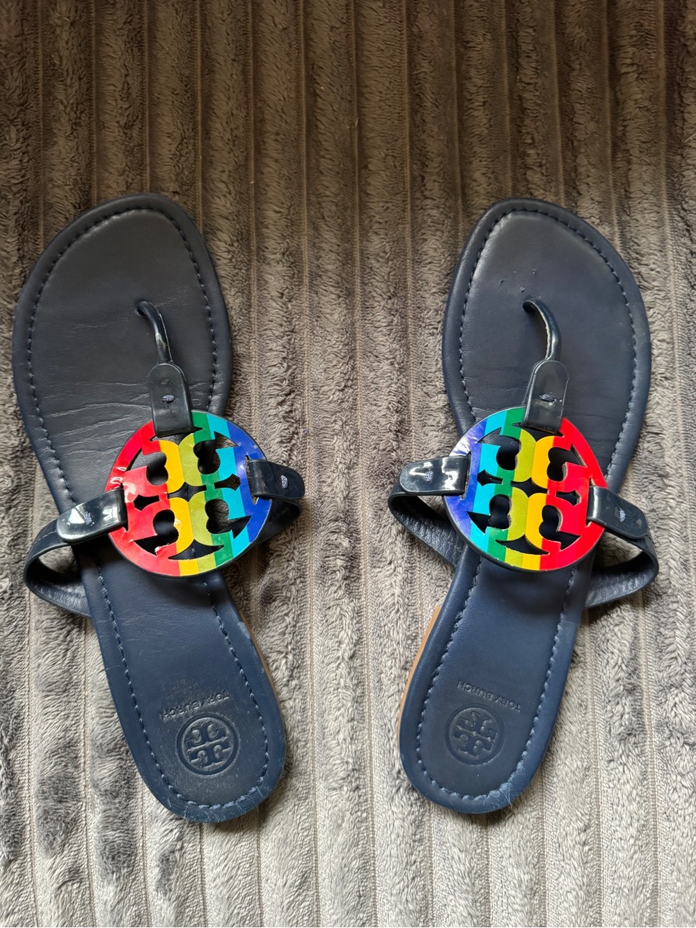 Tory Burch Black Leather Sandals with Rainbow Logo Medallions